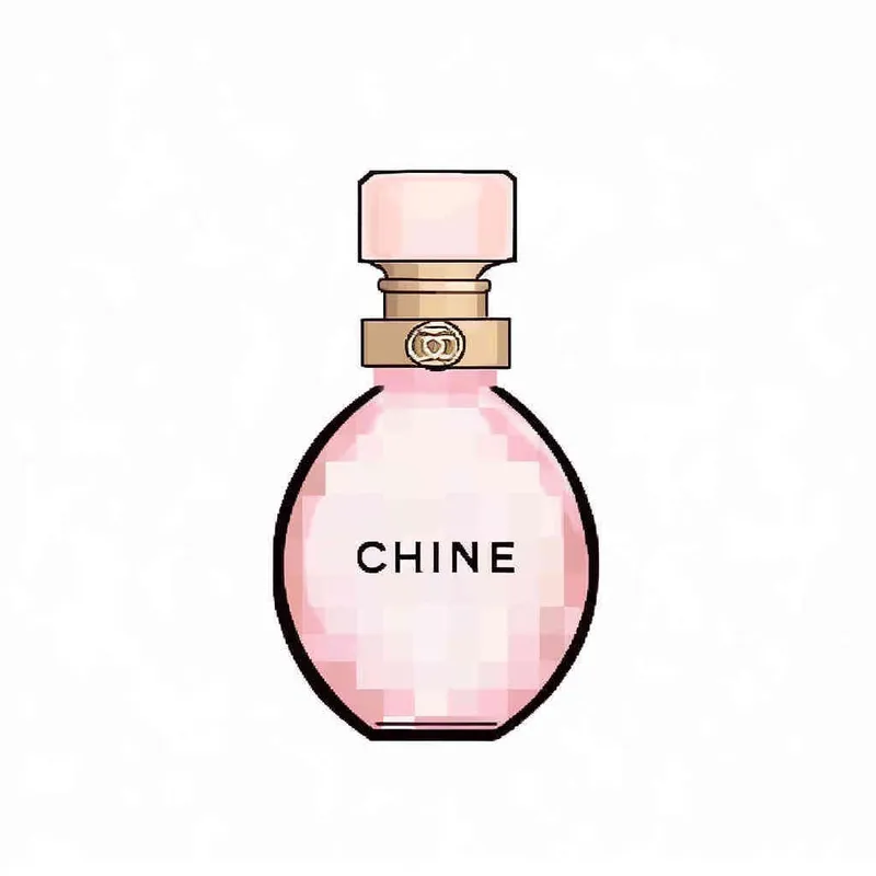 16- bits pixel art , Chanel pink perfume，pink circular bottle body, white square bottle cap，there is black Chanel text on the bottle body， round perfume bottle,  white background, large canvas format ， pixel grid style - style3部分