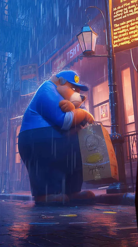 Pixar style, Disney Style, 3D design, A chubby dog wearing a delivery worker's hat and a blue uniform clumsily holds a delivery bag, nervously looking around, trembling. Rain pours down heavily, with hardly any pedestrians on the street, LivelyAtmosphere, Blender, OC Renderer, High Detail, High Quality - style1部分