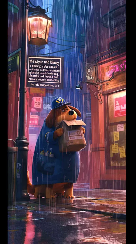 Pixar style, Disney Style, 3D design, A chubby dog wearing a delivery worker's hat and a blue uniform clumsily holds a delivery bag, nervously looking around, trembling. Rain pours down heavily, with hardly any pedestrians on the street, LivelyAtmosphere, Blender, OC Renderer, High Detail, High Quality - style2部分
