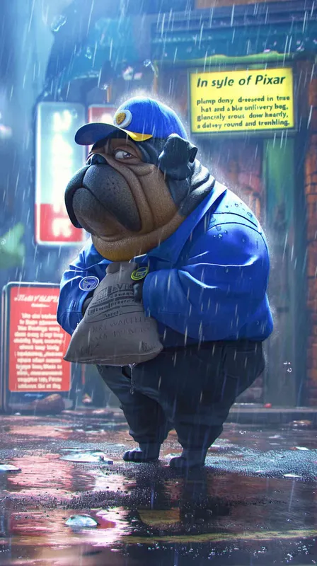Pixar style, Disney Style, 3D design, A chubby dog wearing a delivery worker's hat and a blue uniform clumsily holds a delivery bag, nervously looking around, trembling. Rain pours down heavily, with hardly any pedestrians on the street, LivelyAtmosphere, Blender, OC Renderer, High Detail, High Quality - style3部分