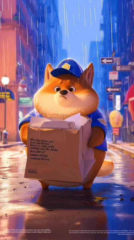 Pixar style, Disney Style, 3D design, A chubby dog wearing a delivery worker's hat and a blue uniform clumsily holds a delivery bag, nervously looking around, trembling. Rain pours down heavily, with hardly any pedestrians on the street, LivelyAtmosphere, Blender, OC Renderer, High Detail, High Quality - style4部分
