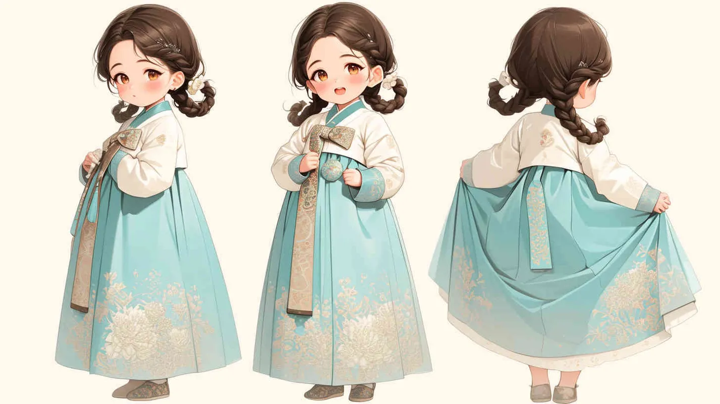 The little girl's face and hair are the same as the original generated image, but her costume has been changed; she wears a floor-length aqua blue and light green hanbok, with a skirt that drapes over her feet, and her expression is lively and adorable!--cref https://s.mj.run/W7SPN8mHvg4 - style1部分