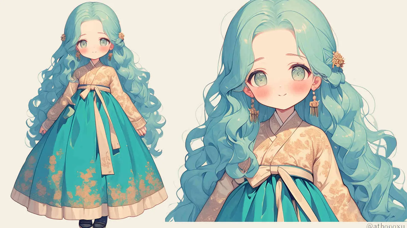 The little girl's face and hair are the same as the original generated image, but her costume has been changed; she wears a floor-length aqua blue and light green hanbok, with a skirt that drapes over her feet, and her expression is lively and adorable!--cref https://s.mj.run/W7SPN8mHvg4 - style2部分