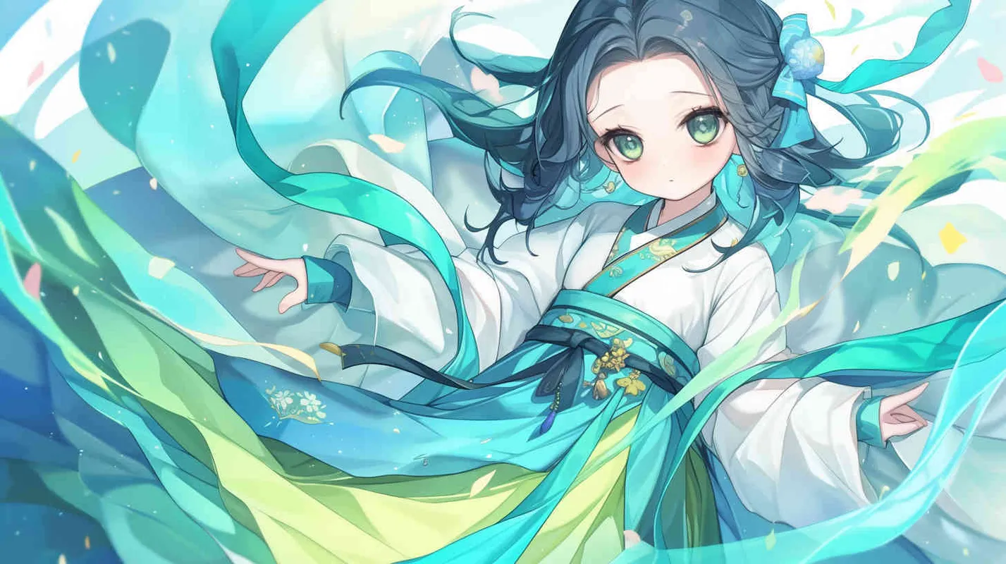 The little girl's face and hair are the same as the original generated image, but her costume has been changed; she wears a floor-length aqua blue and light green hanbok, with a skirt that drapes over her feet, and her expression is lively and adorable!--cref https://s.mj.run/W7SPN8mHvg4 - style3部分