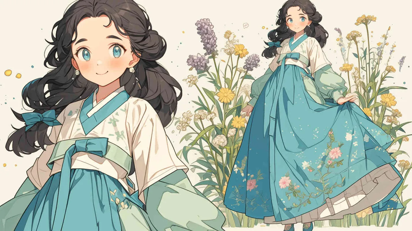 The little girl's face and hair are the same as the original generated image, but her costume has been changed; she wears a floor-length aqua blue and light green hanbok, with a skirt that drapes over her feet, and her expression is lively and adorable!--cref https://s.mj.run/W7SPN8mHvg4 - style4部分