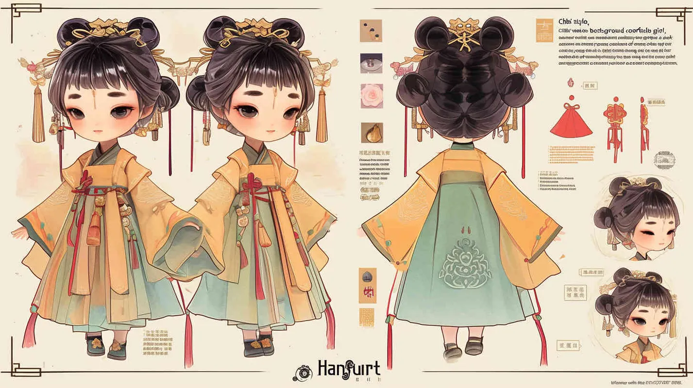 Chibi style, watercolor background, colorfulfantasy realism portrait,a mascot of an ancient young girl,a dark cute cartoon animecharacter design of an ancient young girlwith short hair,she wears a light blue and green Hanfu with short sleeves,cuteancient young girl 3D IP triple view,laughhappily,enerate three views, firstly the frontview, secondly the left view, thirdly theback view,full body, clean background, popmart,pixar,IP,blind box, clay material, pastelcolor, Studio light, octane render, 3D,C4D,blender, hyper quality,Ultra HD,8K --ar 16:9--niji 6--cref https://s.mj.run/W7SPN8mHvg4--cw 100 - style1部分
