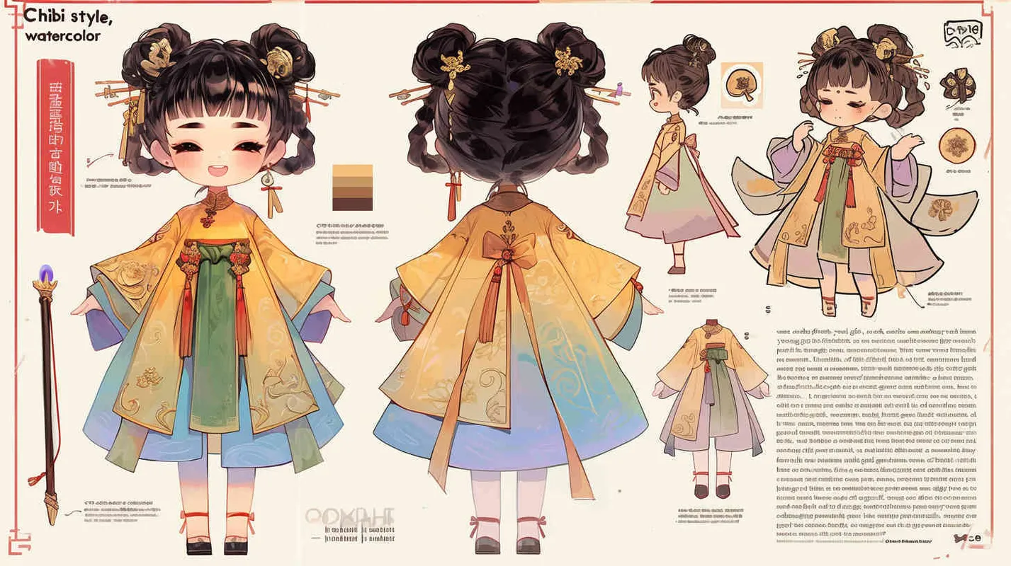 Chibi style, watercolor background, colorfulfantasy realism portrait,a mascot of an ancient young girl,a dark cute cartoon animecharacter design of an ancient young girlwith short hair,she wears a light blue and green Hanfu with short sleeves,cuteancient young girl 3D IP triple view,laughhappily,enerate three views, firstly the frontview, secondly the left view, thirdly theback view,full body, clean background, popmart,pixar,IP,blind box, clay material, pastelcolor, Studio light, octane render, 3D,C4D,blender, hyper quality,Ultra HD,8K --ar 16:9--niji 6--cref https://s.mj.run/W7SPN8mHvg4--cw 100 - style2部分