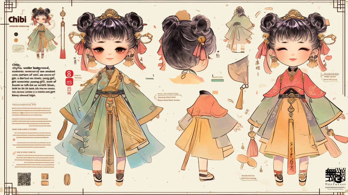 Chibi style, watercolor background, colorfulfantasy realism portrait,a mascot of an ancient young girl,a dark cute cartoon animecharacter design of an ancient young girlwith short hair,she wears a light blue and green Hanfu with short sleeves,cuteancient young girl 3D IP triple view,laughhappily,enerate three views, firstly the frontview, secondly the left view, thirdly theback view,full body, clean background, popmart,pixar,IP,blind box, clay material, pastelcolor, Studio light, octane render, 3D,C4D,blender, hyper quality,Ultra HD,8K --ar 16:9--niji 6--cref https://s.mj.run/W7SPN8mHvg4--cw 100 - style4部分