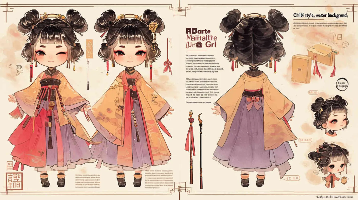 Chibi style, watercolor background, colorfulfantasy realism portrait,a mascot of an ancient young girl,a dark cute cartoon animecharacter design of an ancient young girlwith short hair,she wears a light pink and purple Hanfu with short sleeves,cuteancient young girl 3D IP triple view,laughhappily,enerate three views, firstly the frontview, secondly the left view, thirdly theback view,full body, clean background, popmart,pixar,IP,blind box, clay material, pastelcolor, Studio light, octane render, 3D,C4D,blender, hyper quality,Ultra HD,8K –ar 16:9–niji 6–cref https://s.mj.run/D1Zzs6UyPeo–cw 100 – AI绘画作品展示 | Midjourney中文版生成