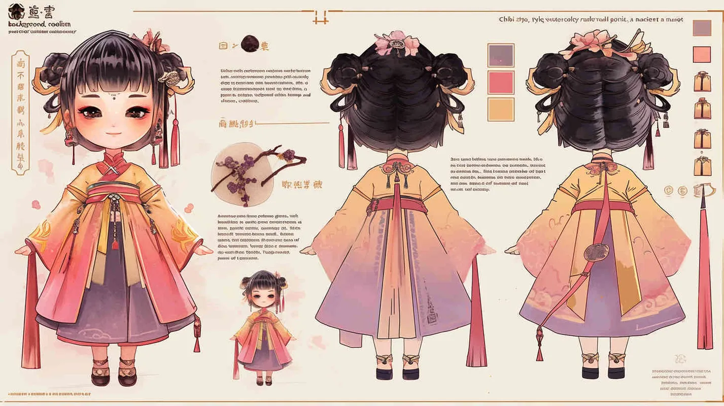 Chibi style, watercolor background, colorfulfantasy realism portrait,a mascot of an ancient young girl,a dark cute cartoon animecharacter design of an ancient young girlwith short hair,she wears a light pink and purple Hanfu with short sleeves,cuteancient young girl 3D IP triple view,laughhappily,enerate three views, firstly the frontview, secondly the left view, thirdly theback view,full body, clean background, popmart,pixar,IP,blind box, clay material, pastelcolor, Studio light, octane render, 3D,C4D,blender, hyper quality,Ultra HD,8K --ar 16:9--niji 6--cref https://s.mj.run/D1Zzs6UyPeo--cw 100 - style2部分