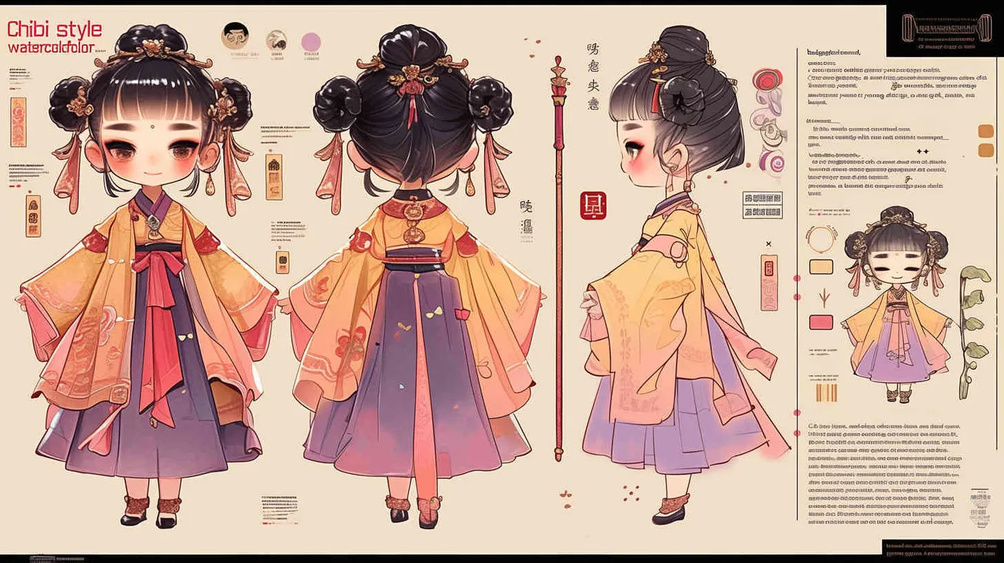 Chibi style, watercolor background, colorfulfantasy realism portrait,a mascot of an ancient young girl,a dark cute cartoon animecharacter design of an ancient young girlwith short hair,she wears a light pink and purple Hanfu with short sleeves,cuteancient young girl 3D IP triple view,laughhappily,enerate three views, firstly the frontview, secondly the left view, thirdly theback view,full body, clean background, popmart,pixar,IP,blind box, clay material, pastelcolor, Studio light, octane render, 3D,C4D,blender, hyper quality,Ultra HD,8K --ar 16:9--niji 6--cref https://s.mj.run/D1Zzs6UyPeo--cw 100 - style4部分