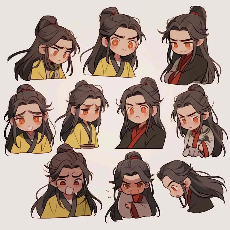 Nine postures and expressions, happy, angry, sad, crying, cute, looking forward, disappointed, surprised, speechless, shy, head close-up, a Q-version ancient costume boy, wearing a light yellow Taoist robe, red headband, long hair half tied, red headband, long hair shawl, figure eight bangs, nine close-up shots of heads of the same size， white background, DeI stijil,  vivid illustrations, bold lines and solid colors, simple details, minimalism, line art, sticker art, - s750 niji 5 - style1部分