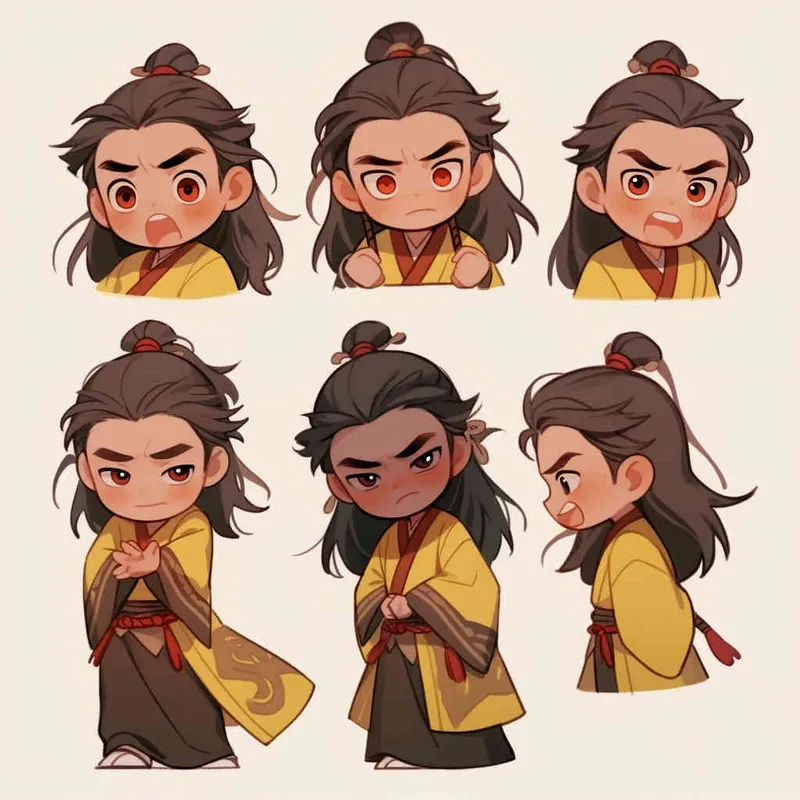 Nine postures and expressions, happy, angry, sad, crying, cute, looking forward, disappointed, surprised, speechless, shy, head close-up, a Q-version ancient costume boy, wearing a light yellow Taoist robe, red headband, long hair half tied, red headband, long hair shawl, figure eight bangs, nine close-up shots of heads of the same size， white background, DeI stijil,  vivid illustrations, bold lines and solid colors, simple details, minimalism, line art, sticker art, - s750 niji 5 - style2部分