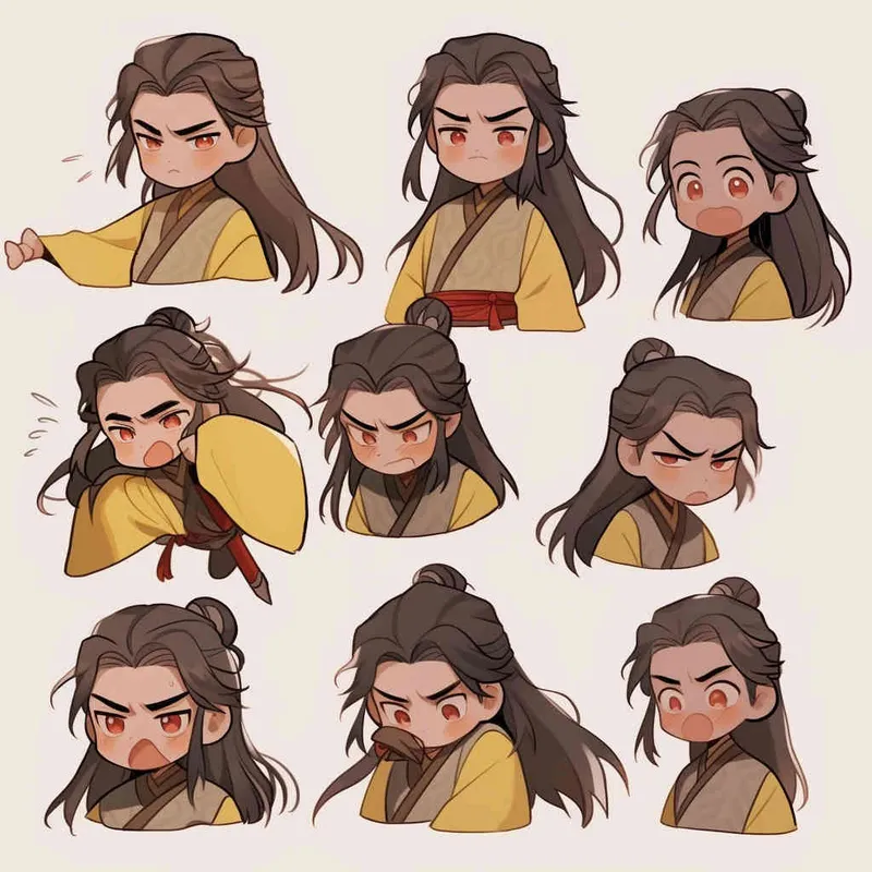 Nine postures and expressions, happy, angry, sad, crying, cute, looking forward, disappointed, surprised, speechless, shy, head close-up, a Q-version ancient costume boy, wearing a light yellow Taoist robe, red headband, long hair half tied, red headband, long hair shawl, figure eight bangs, nine close-up shots of heads of the same size， white background, DeI stijil,  vivid illustrations, bold lines and solid colors, simple details, minimalism, line art, sticker art, - s750 niji 5 - style3部分