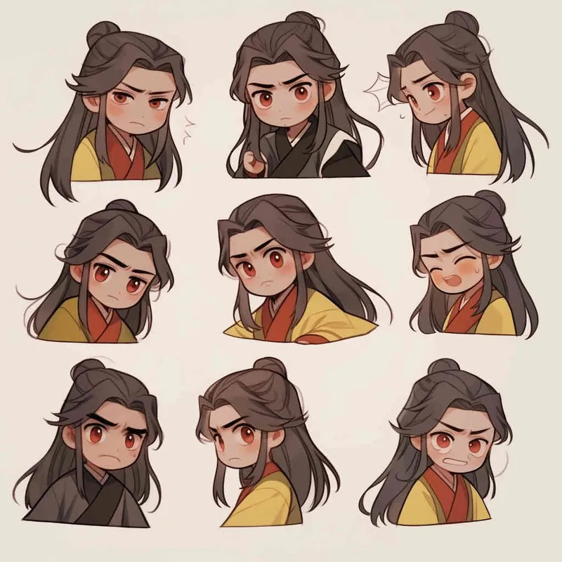 Nine postures and expressions, happy, angry, sad, crying, cute, looking forward, disappointed, surprised, speechless, shy, head close-up, a Q-version ancient costume boy, wearing a light yellow Taoist robe, red headband, long hair half tied, red headband, long hair shawl, figure eight bangs, nine close-up shots of heads of the same size， white background, DeI stijil,  vivid illustrations, bold lines and solid colors, simple details, minimalism, line art, sticker art, - s750 niji 5 - style4部分