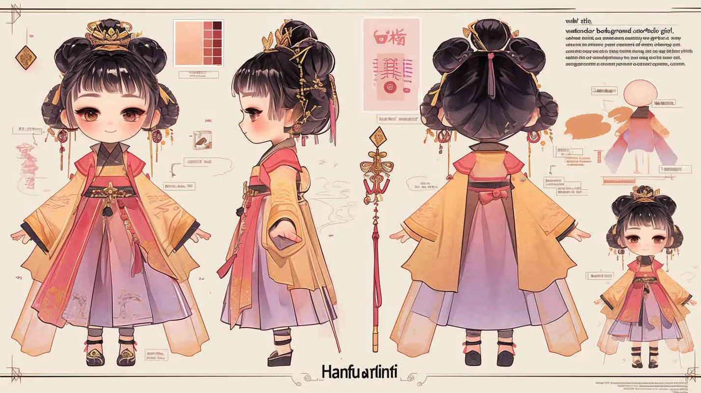 Chibi style, watercolor background, colorfulfantasy realism portrait,a mascot of an ancient young girl,a dark cute cartoon animecharacter design of an ancient young girlwith short hair,she wears a light pink and purple Hanfu with short sleeves,cuteancient young girl 3D IP triple view,laughhappily,enerate three views, firstly the frontview, secondly the left view, thirdly theback view,full body, clean background, popmart,pixar,IP,blind box, clay material, pastelcolor, Studio light, octane render, 3D,C4D,blender, hyper quality,Ultra HD,8K --ar 16:9--niji 6--cref https://s.mj.run/D1Zzs6UyPeo--cw 100  - style1部分