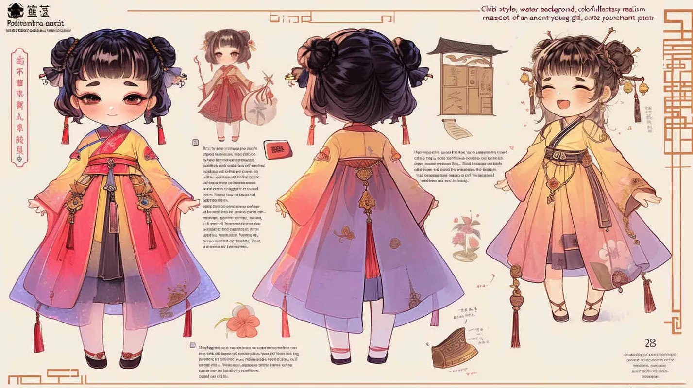 Chibi style, watercolor background, colorfulfantasy realism portrait,a mascot of an ancient young girl,a dark cute cartoon animecharacter design of an ancient young girlwith short hair,she wears a light pink and purple Hanfu with short sleeves,cuteancient young girl 3D IP triple view,laughhappily,enerate three views, firstly the frontview, secondly the left view, thirdly theback view,full body, clean background, popmart,pixar,IP,blind box, clay material, pastelcolor, Studio light, octane render, 3D,C4D,blender, hyper quality,Ultra HD,8K --ar 16:9--niji 6--cref https://s.mj.run/D1Zzs6UyPeo--cw 100  - style2部分