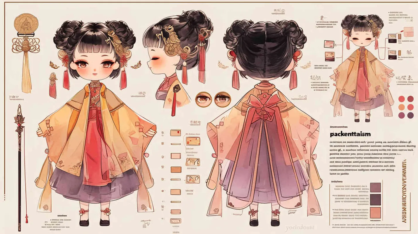Chibi style, watercolor background, colorfulfantasy realism portrait,a mascot of an ancient young girl,a dark cute cartoon animecharacter design of an ancient young girlwith short hair,she wears a light pink and purple Hanfu with short sleeves,cuteancient young girl 3D IP triple view,laughhappily,enerate three views, firstly the frontview, secondly the left view, thirdly theback view,full body, clean background, popmart,pixar,IP,blind box, clay material, pastelcolor, Studio light, octane render, 3D,C4D,blender, hyper quality,Ultra HD,8K --ar 16:9--niji 6--cref https://s.mj.run/D1Zzs6UyPeo--cw 100  - style3部分