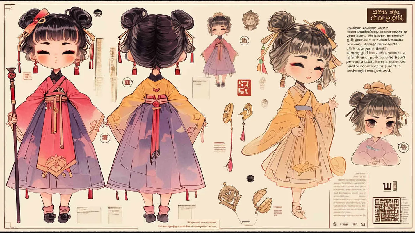 Chibi style, watercolor background, colorfulfantasy realism portrait,a mascot of an ancient young girl,a dark cute cartoon animecharacter design of an ancient young girlwith short hair,she wears a light pink and purple Hanfu with short sleeves,cuteancient young girl 3D IP triple view,laughhappily,enerate three views, firstly the frontview, secondly the left view, thirdly theback view,full body, clean background, popmart,pixar,IP,blind box, clay material, pastelcolor, Studio light, octane render, 3D,C4D,blender, hyper quality,Ultra HD,8K --ar 16:9--niji 6--cref https://s.mj.run/D1Zzs6UyPeo--cw 100  - style4部分