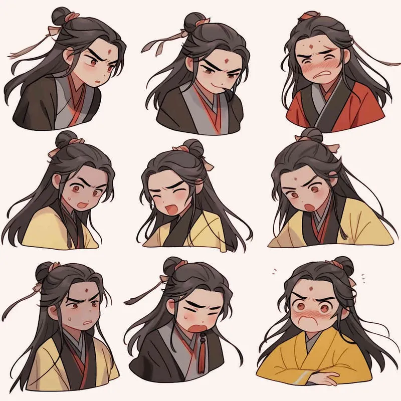 Nine postures and expressions, happy, angry, sad, crying, cute, looking forward, disappointed, surprised, speechless, shy, head close-up, a Q-version ancient costume boy, wearing a light yellow Taoist robe, red headband, long hair half tied, red headband, long hair shawl, figure eight bangs, nine close-up shots of heads of the same size， white background, DeI stijil,  vivid illustrations, bold lines and solid colors, simple details, minimalism, line art, sticker art, - s750 niji 5 - style1部分