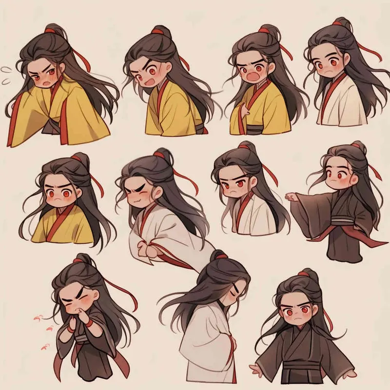 Nine postures and expressions, happy, angry, sad, crying, cute, looking forward, disappointed, surprised, speechless, shy, head close-up, a Q-version ancient costume boy, wearing a light yellow Taoist robe, red headband, long hair half tied, red headband, long hair shawl, figure eight bangs, nine close-up shots of heads of the same size， white background, DeI stijil,  vivid illustrations, bold lines and solid colors, simple details, minimalism, line art, sticker art, - s750 niji 5 - style2部分