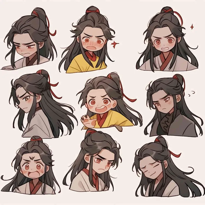 Nine postures and expressions, happy, angry, sad, crying, cute, looking forward, disappointed, surprised, speechless, shy, head close-up, a Q-version ancient costume boy, wearing a light yellow Taoist robe, red headband, long hair half tied, red headband, long hair shawl, figure eight bangs, nine close-up shots of heads of the same size， white background, DeI stijil,  vivid illustrations, bold lines and solid colors, simple details, minimalism, line art, sticker art, - s750 niji 5 - style3部分