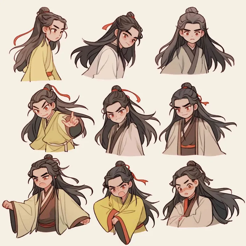 Nine postures and expressions, happy, angry, sad, crying, cute, looking forward, disappointed, surprised, speechless, shy, head close-up, a Q-version ancient costume boy, wearing a light yellow Taoist robe, red headband, long hair half tied, red headband, long hair shawl, figure eight bangs, nine close-up shots of heads of the same size， white background, DeI stijil,  vivid illustrations, bold lines and solid colors, simple details, minimalism, line art, sticker art, - s750 niji 5 - style4部分