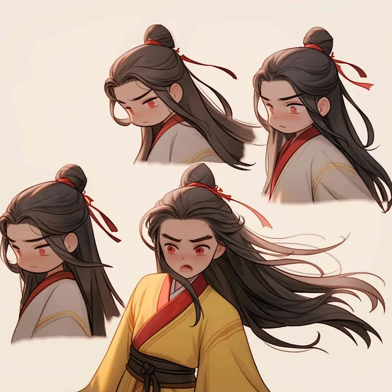 Nine postures and expressions, happy, angry, sad, crying, cute, looking forward, disappointed, surprised, speechless, shy, head close-up, a Q-version ancient costume boy, wearing a light yellow Taoist robe, red headband, long hair half tied, red headband, long hair shawl, figure eight bangs, nine close-up shots of heads of the same size，nine closeups all wearing yellow Taoist clothing， white background, DeI stijil,  vivid illustrations, bold lines and solid colors, simple details, minimalism, line art, sticker art, - s750 niji 5 - style1部分