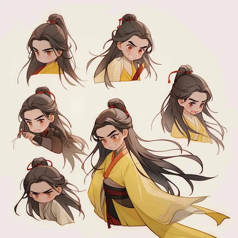 Nine postures and expressions, happy, angry, sad, crying, cute, looking forward, disappointed, surprised, speechless, shy, head close-up, a Q-version ancient costume boy, wearing a light yellow Taoist robe, red headband, long hair half tied, red headband, long hair shawl, figure eight bangs, nine close-up shots of heads of the same size，nine closeups all wearing yellow Taoist clothing， white background, DeI stijil,  vivid illustrations, bold lines and solid colors, simple details, minimalism, line art, sticker art, - s750 niji 5 - style2部分