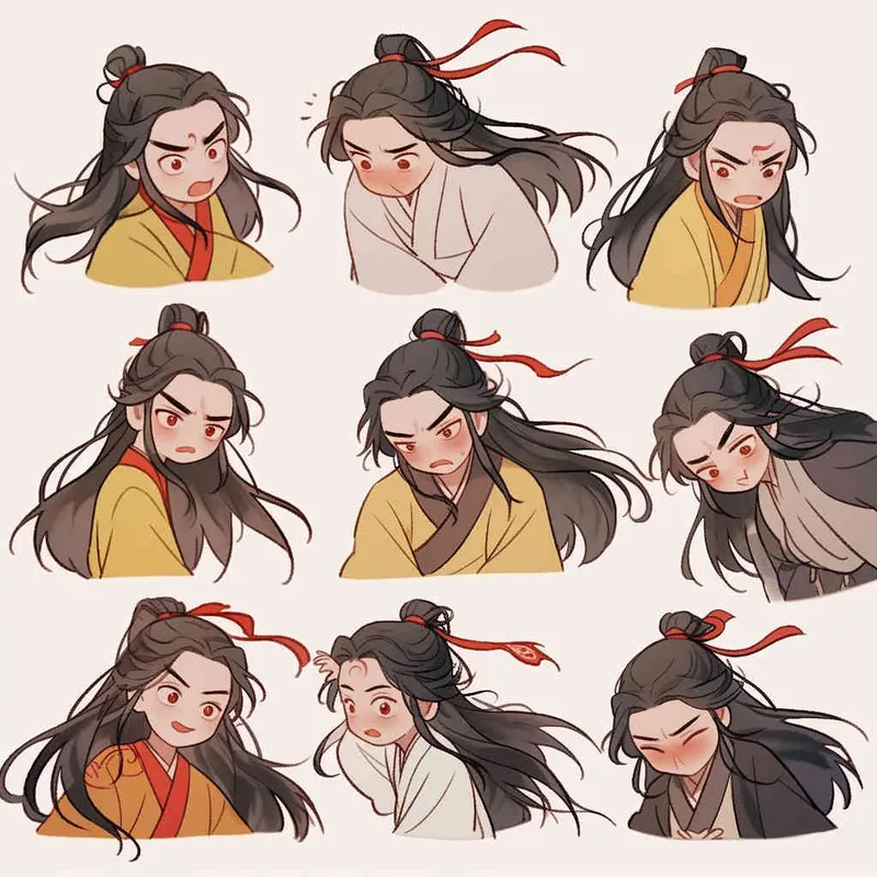 Nine postures and expressions, happy, angry, sad, crying, cute, looking forward, disappointed, surprised, speechless, shy, head close-up, a Q-version ancient costume boy, wearing a light yellow Taoist robe, red headband, long hair half tied, red headband, long hair shawl, figure eight bangs, nine close-up shots of heads of the same size，nine closeups all wearing yellow Taoist clothing， white background, DeI stijil,  vivid illustrations, bold lines and solid colors, simple details, minimalism, line art, sticker art, - s750 niji 5 - style3部分