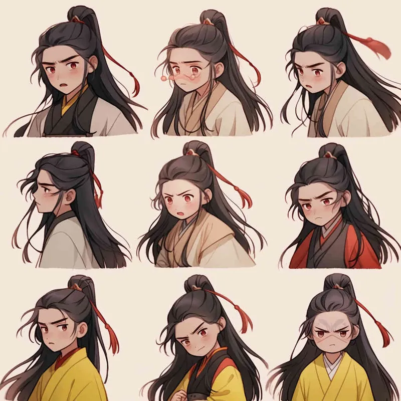 Nine postures and expressions, happy, angry, sad, crying, cute, looking forward, disappointed, surprised, speechless, shy, head close-up, a Q-version ancient costume boy, wearing a light yellow Taoist robe, red headband, long hair half tied, red headband, long hair shawl, figure eight bangs, nine close-up shots of heads of the same size，nine closeups all wearing yellow Taoist clothing， white background, DeI stijil,  vivid illustrations, bold lines and solid colors, simple details, minimalism, line art, sticker art, - s750 niji 5 - style4部分