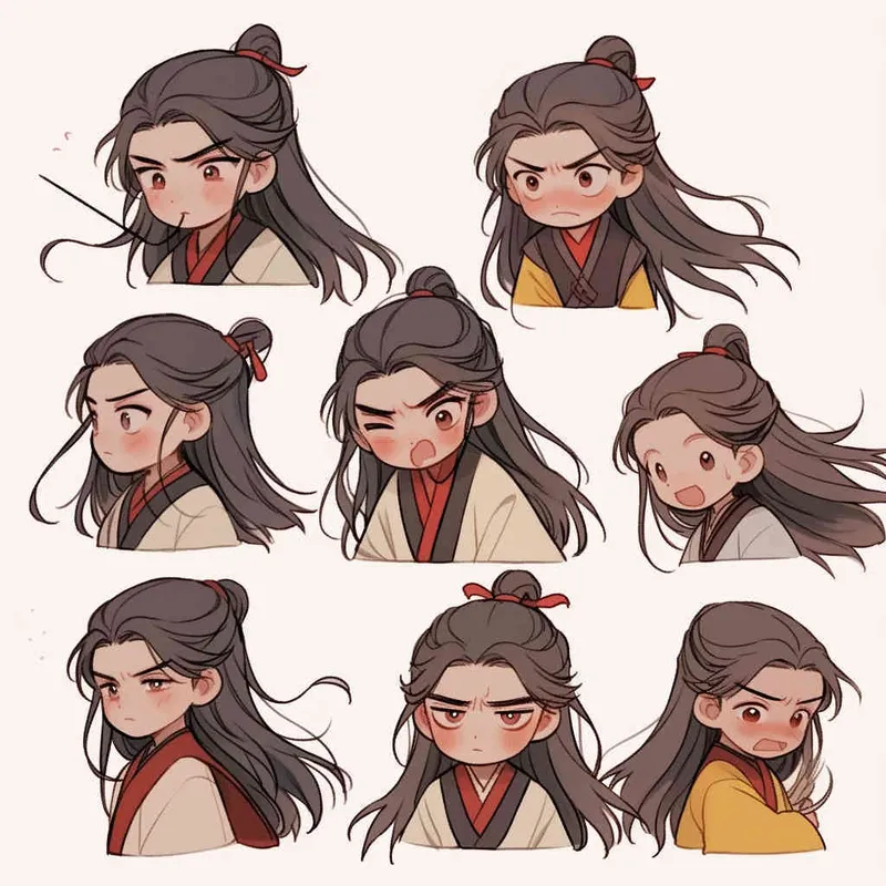 Nine postures and expressions, happy, angry, sad, crying, cute, looking forward, disappointed, surprised, speechless, shy, head close-up, a Q-version ancient costume boy, wearing a light yellow Taoist robe, red headband, long hair half tied, red headband, long hair shawl, figure eight bangs, nine close-up shots of heads of the same size，nine closeups all wearing yellow Taoist clothing， white background, DeI stijil,  vivid illustrations, bold lines and solid colors, simple details, minimalism, line art, sticker art, - s750 niji 5 - style1部分