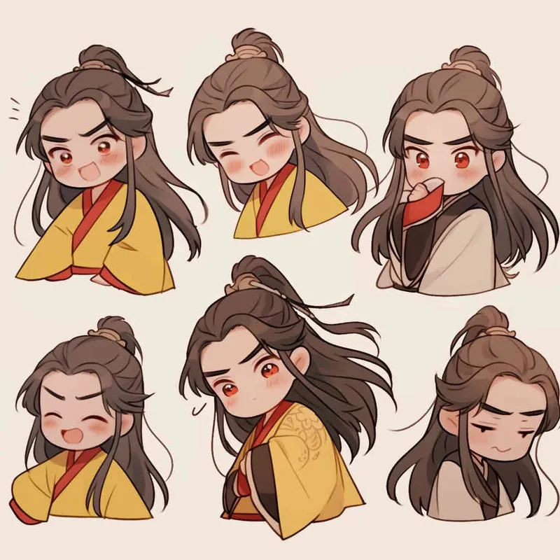 Nine postures and expressions, happy, angry, sad, crying, cute, looking forward, disappointed, surprised, speechless, shy, head close-up, a Q-version ancient costume boy, wearing a light yellow Taoist robe, red headband, long hair half tied, red headband, long hair shawl, figure eight bangs, nine close-up shots of heads of the same size，nine closeups all wearing yellow Taoist clothing， white background, DeI stijil,  vivid illustrations, bold lines and solid colors, simple details, minimalism, line art, sticker art, - s750 niji 5 - style2部分