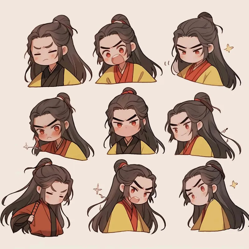 Nine postures and expressions, happy, angry, sad, crying, cute, looking forward, disappointed, surprised, speechless, shy, head close-up, a Q-version ancient costume boy, wearing a light yellow Taoist robe, red headband, long hair half tied, red headband, long hair shawl, figure eight bangs, nine close-up shots of heads of the same size，nine closeups all wearing yellow Taoist clothing， white background, DeI stijil,  vivid illustrations, bold lines and solid colors, simple details, minimalism, line art, sticker art, - s750 niji 5 - style3部分