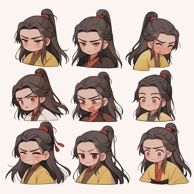 Nine postures and expressions, happy, angry, sad, crying, cute, looking forward, disappointed, surprised, speechless, shy, head close-up, a Q-version ancient costume boy, wearing a light yellow Taoist robe, red headband, long hair half tied, red headband, long hair shawl, figure eight bangs, nine close-up shots of heads of the same size，nine closeups all wearing yellow Taoist clothing， white background, DeI stijil,  vivid illustrations, bold lines and solid colors, simple details, minimalism, line art, sticker art, - s750 niji 5 - style4部分