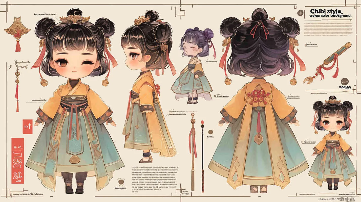 Chibi style, watercolor background, colorfulfantasy realism portrait,a mascot of an ancient young girl,a dark cute cartoon animecharacter design of an ancient young girlwith short hair,she wears a light blue and green Hanfu with short sleeves,cuteancient young girl 3D IP triple view,laughhappily,enerate three views, firstly the frontview, secondly the left view, thirdly theback view,full body, clean background, popmart,pixar,IP,blind box, clay material, pastelcolor, Studio light, octane render, 3D,C4D,blender, hyper quality,Ultra HD,8K --ar 16:9--niji 6--cref https://s.mj.run/D1Zzs6UyPeo--cw 100  - style1部分