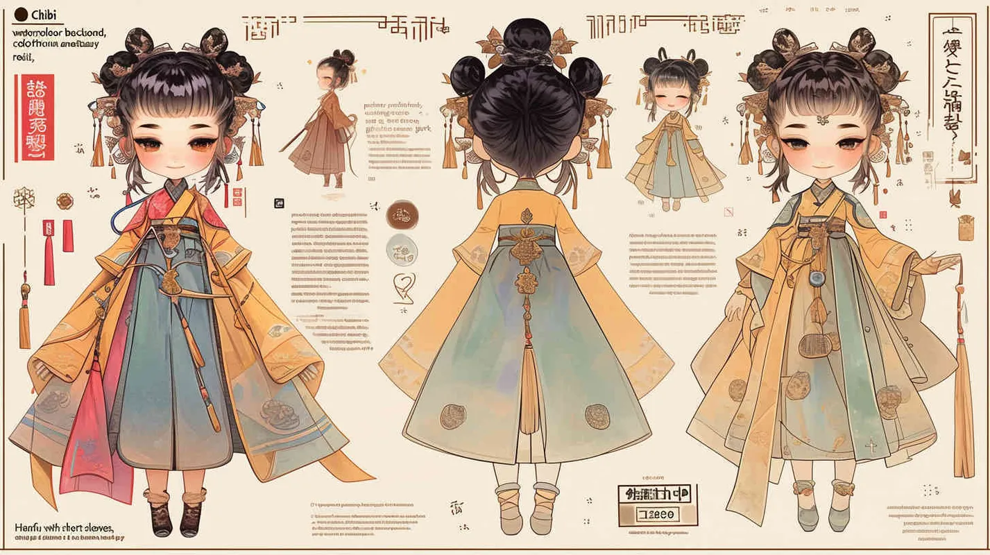 Chibi style, watercolor background, colorfulfantasy realism portrait,a mascot of an ancient young girl,a dark cute cartoon animecharacter design of an ancient young girlwith short hair,she wears a light blue and green Hanfu with short sleeves,cuteancient young girl 3D IP triple view,laughhappily,enerate three views, firstly the frontview, secondly the left view, thirdly theback view,full body, clean background, popmart,pixar,IP,blind box, clay material, pastelcolor, Studio light, octane render, 3D,C4D,blender, hyper quality,Ultra HD,8K --ar 16:9--niji 6--cref https://s.mj.run/D1Zzs6UyPeo--cw 100  - style2部分