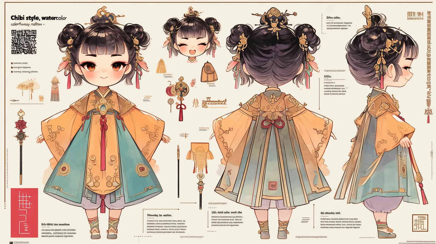Chibi style, watercolor background, colorfulfantasy realism portrait,a mascot of an ancient young girl,a dark cute cartoon animecharacter design of an ancient young girlwith short hair,she wears a light blue and green Hanfu with short sleeves,cuteancient young girl 3D IP triple view,laughhappily,enerate three views, firstly the frontview, secondly the left view, thirdly theback view,full body, clean background, popmart,pixar,IP,blind box, clay material, pastelcolor, Studio light, octane render, 3D,C4D,blender, hyper quality,Ultra HD,8K --ar 16:9--niji 6--cref https://s.mj.run/D1Zzs6UyPeo--cw 100  - style3部分