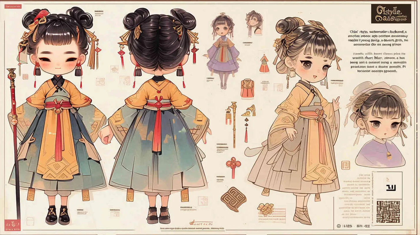 Chibi style, watercolor background, colorfulfantasy realism portrait,a mascot of an ancient young girl,a dark cute cartoon animecharacter design of an ancient young girlwith short hair,she wears a light blue and green Hanfu with short sleeves,cuteancient young girl 3D IP triple view,laughhappily,enerate three views, firstly the frontview, secondly the left view, thirdly theback view,full body, clean background, popmart,pixar,IP,blind box, clay material, pastelcolor, Studio light, octane render, 3D,C4D,blender, hyper quality,Ultra HD,8K --ar 16:9--niji 6--cref https://s.mj.run/D1Zzs6UyPeo--cw 100  - style4部分