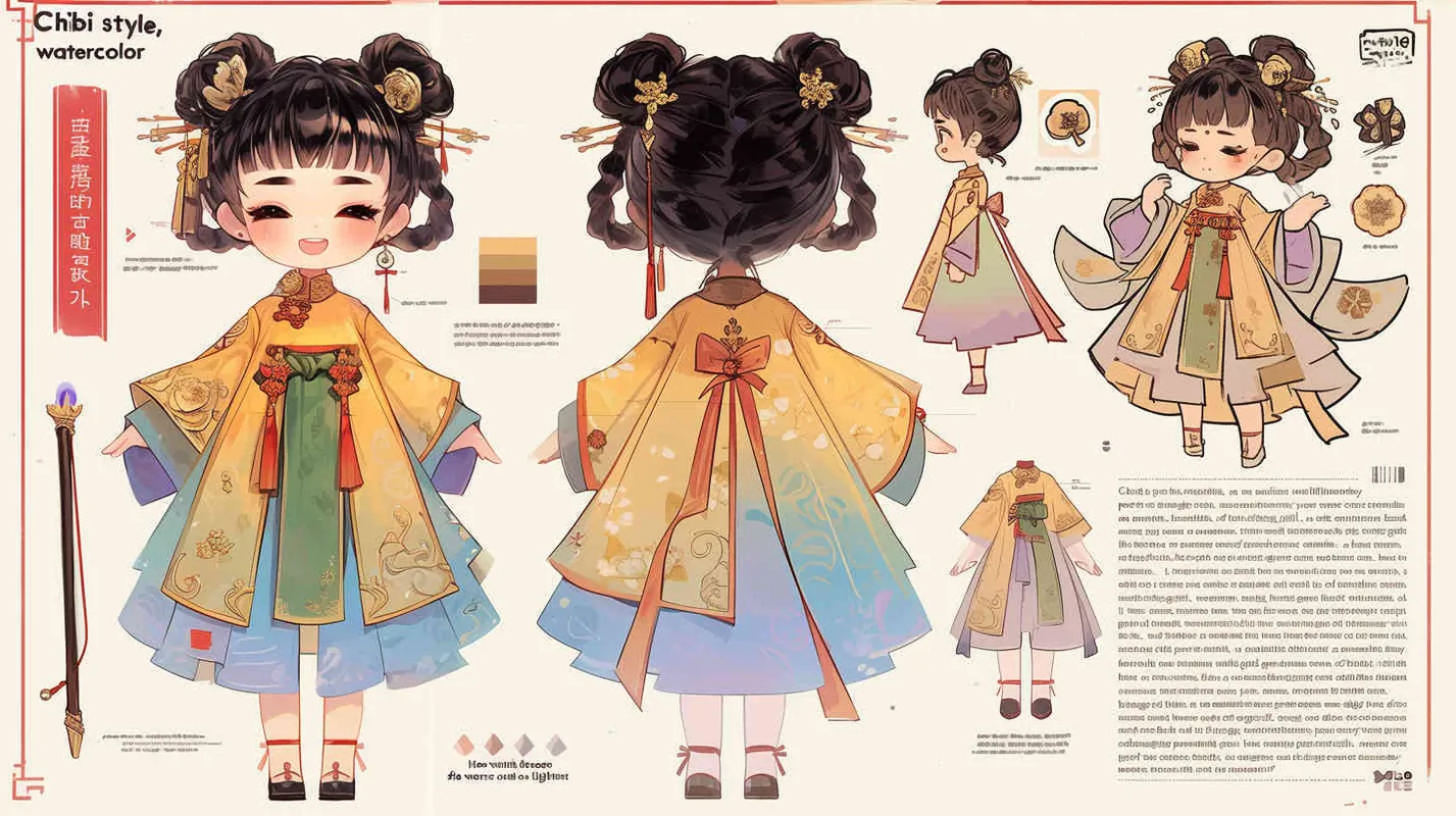 Chibi style, watercolor background, colorfulfantasy realism portrait,a mascot of an ancient young girl,a dark cute cartoon animecharacter design of an ancient young girlwith short hair,she wears a light blue and green Hanfu with short sleeves,cuteancient young girl 3D IP triple view,laughhappily,enerate three views, firstly the frontview, secondly the left view, thirdly theback view,full body, clean background, popmart,pixar,IP,blind box, clay material, pastelcolor, Studio light, octane render, 3D,C4D,blender, hyper quality,Ultra HD,8K --ar 16:9--niji 6--cref https://s.mj.run/D1Zzs6UyPeo--cw 100  - style2部分
