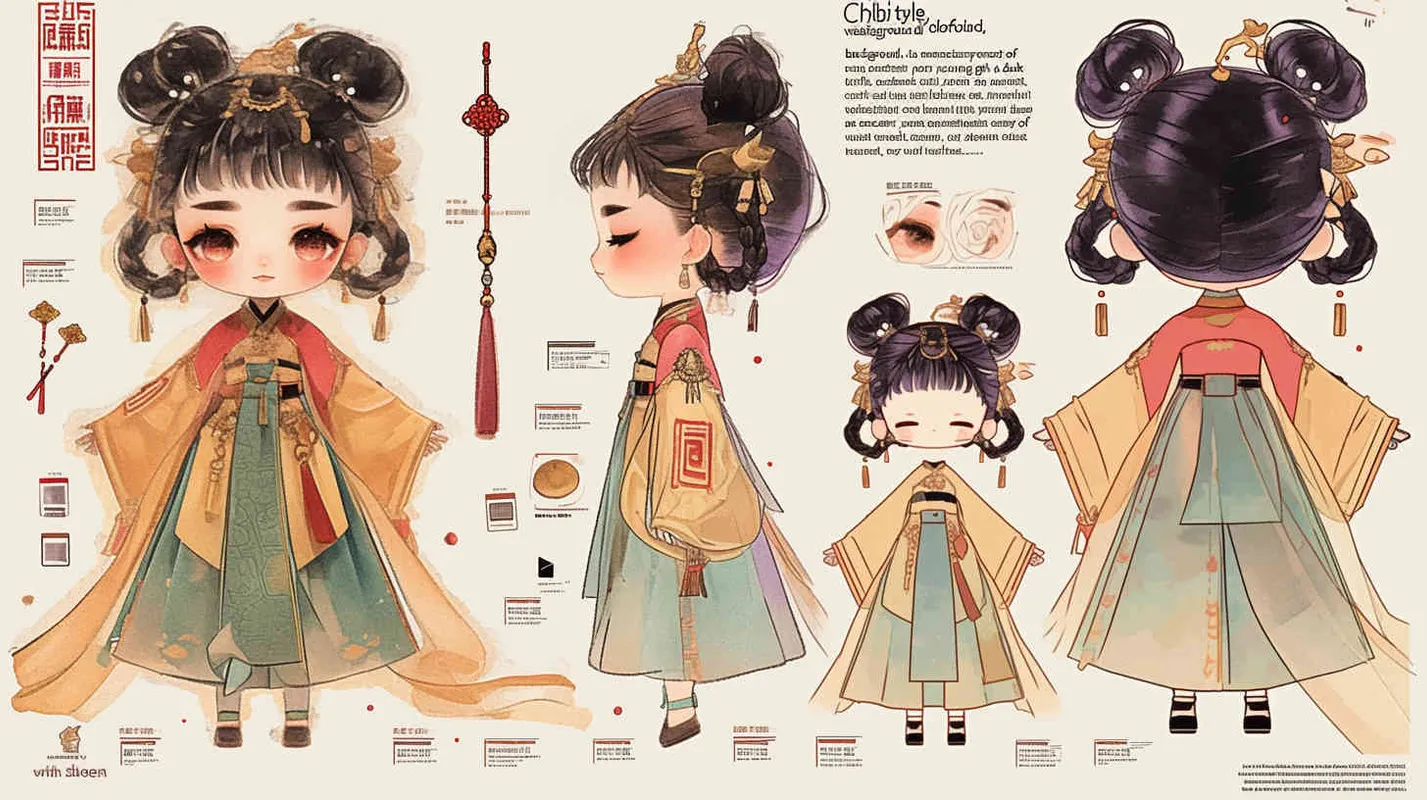 Chibi style, watercolor background, colorfulfantasy realism portrait,a mascot of an ancient young girl,a dark cute cartoon animecharacter design of an ancient young girlwith short hair,she wears a light blue and green Hanfu with short sleeves,cuteancient young girl 3D IP triple view,laughhappily,enerate three views, firstly the frontview, secondly the left view, thirdly theback view,full body, clean background, popmart,pixar,IP,blind box, clay material, pastelcolor, Studio light, octane render, 3D,C4D,blender, hyper quality,Ultra HD,8K --ar 16:9--niji 6--cref https://s.mj.run/D1Zzs6UyPeo--cw 100  - style3部分
