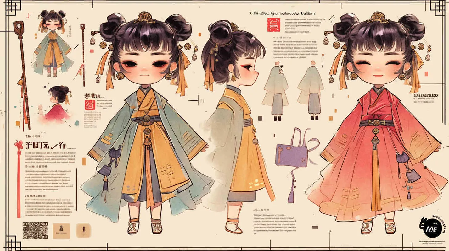 Chibi style, watercolor background, colorfulfantasy realism portrait,a mascot of an ancient young girl,a dark cute cartoon animecharacter design of an ancient young girlwith short hair,she wears a light blue and green Hanfu with short sleeves,cuteancient young girl 3D IP triple view,laughhappily,enerate three views, firstly the frontview, secondly the left view, thirdly theback view,full body, clean background, popmart,pixar,IP,blind box, clay material, pastelcolor, Studio light, octane render, 3D,C4D,blender, hyper quality,Ultra HD,8K --ar 16:9--niji 6--cref https://s.mj.run/D1Zzs6UyPeo--cw 100  - style4部分