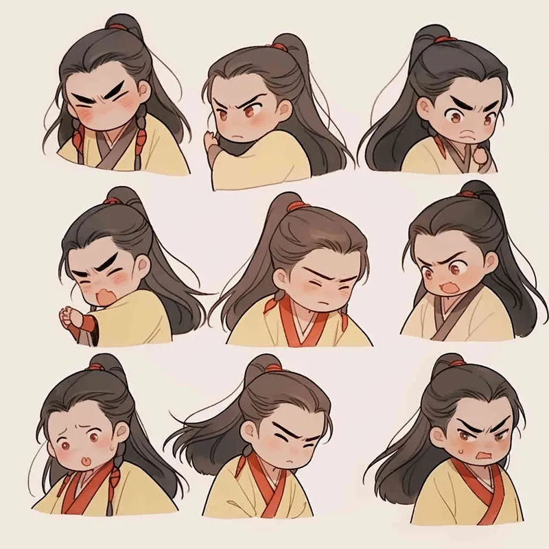 Nine postures and expressions, happy, angry, sad, crying, cute, looking forward, disappointed, surprised, speechless, shy, head close-up, a Q-version ancient costume boy, wearing a light yellow Taoist robe, red headband, long hair half tied, red headband, long hair shawl, figure eight bangs, nine close-up shots of heads of the same size，nine closeups all wearing yellow Taoist clothing， white background, DeI stijil,  vivid illustrations, bold lines and solid colors, simple details, minimalism, line art, sticker art, - s750 niji 5 - style1部分