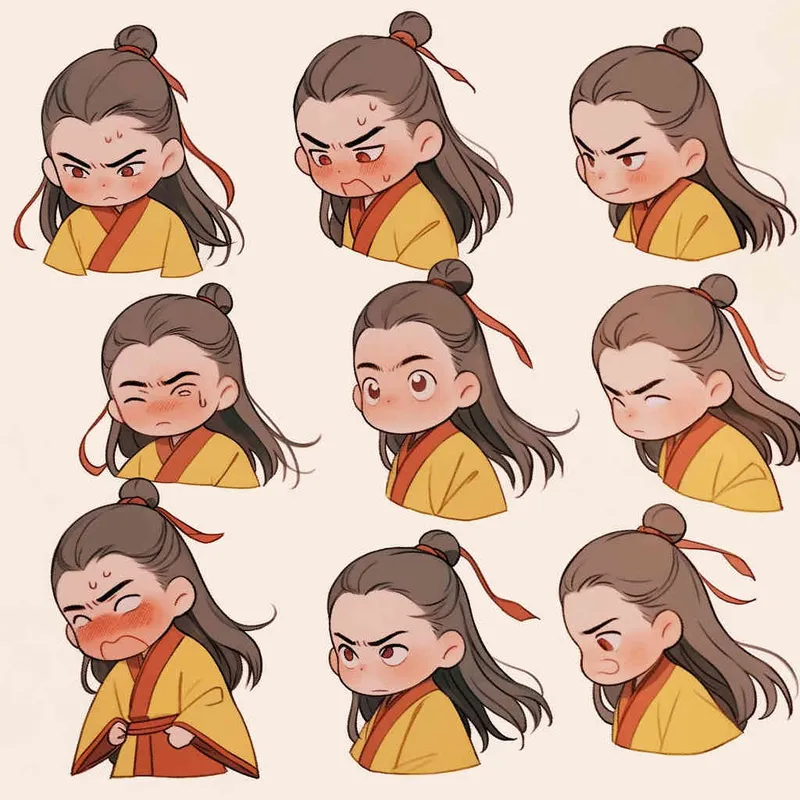 Nine postures and expressions, happy, angry, sad, crying, cute, looking forward, disappointed, surprised, speechless, shy, head close-up, a Q-version ancient costume boy, wearing a light yellow Taoist robe, red headband, long hair half tied, red headband, long hair shawl, figure eight bangs, nine close-up shots of heads of the same size，nine closeups all wearing yellow Taoist clothing， white background, DeI stijil,  vivid illustrations, bold lines and solid colors, simple details, minimalism, line art, sticker art, - s750 niji 5 - style2部分