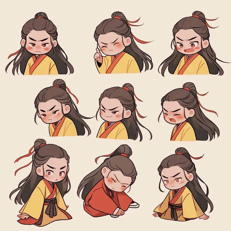 Nine postures and expressions, happy, angry, sad, crying, cute, looking forward, disappointed, surprised, speechless, shy, head close-up, a Q-version ancient costume boy, wearing a light yellow Taoist robe, red headband, long hair half tied, red headband, long hair shawl, figure eight bangs, nine close-up shots of heads of the same size，nine closeups all wearing yellow Taoist clothing， white background, DeI stijil,  vivid illustrations, bold lines and solid colors, simple details, minimalism, line art, sticker art, - s750 niji 5 - style3部分