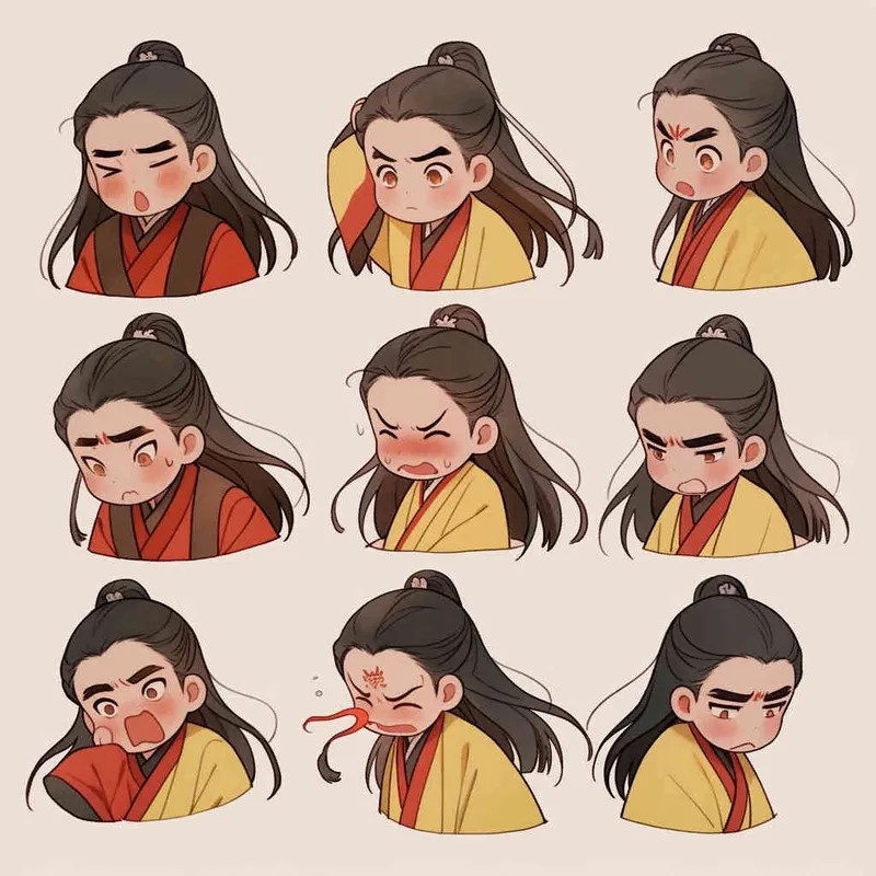 Nine postures and expressions, happy, angry, sad, crying, cute, looking forward, disappointed, surprised, speechless, shy, head close-up, a Q-version ancient costume boy, wearing a light yellow Taoist robe, red headband, long hair half tied, red headband, long hair shawl, figure eight bangs, nine close-up shots of heads of the same size，nine closeups all wearing yellow Taoist clothing， white background, DeI stijil,  vivid illustrations, bold lines and solid colors, simple details, minimalism, line art, sticker art, - s750 niji 5 - style4部分
