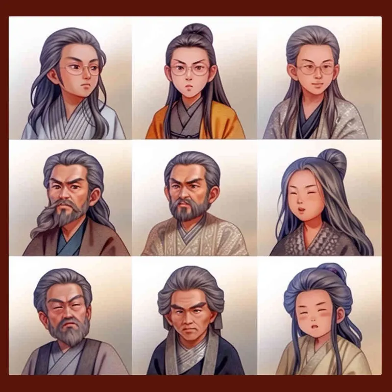 Nine postures and expressions, happy, angry, sad, crying, cute, looking forward, disappointed, surprised, speechless, shy, head close-up, a Q-version ancient costume boy, wearing a light yellow Taoist robe, red headband, long hair half tied, red headband, long hair shawl, figure eight bangs, nine close-up shots of heads of the same size，nine closeups all wearing yellow Taoist clothing， white background, DeI stijil,  vivid illustrations, bold lines and solid colors, simple details, minimalism, line art, sticker art, - s750 niji 5 - style1部分