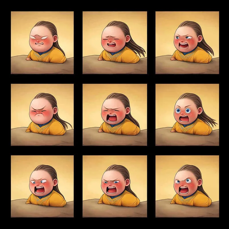 Nine postures and expressions, happy, angry, sad, crying, cute, looking forward, disappointed, surprised, speechless, shy, head close-up, a Q-version ancient costume boy, wearing a light yellow Taoist robe, red headband, long hair half tied, red headband, long hair shawl, figure eight bangs, nine close-up shots of heads of the same size，nine closeups all wearing yellow Taoist clothing， white background, DeI stijil,  vivid illustrations, bold lines and solid colors, simple details, minimalism, line art, sticker art, - s750 niji 5 - style3部分