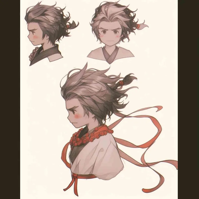 Nine postures and expressions, happy, angry, sad, crying, cute, looking forward, disappointed, surprised, speechless, shy, head close-up, a Q-version ancient costume boy, wearing a light yellow Taoist robe, red headband, long hair half tied, red headband, long hair shawl, figure eight bangs, nine close-up shots of heads of the same size，nine closeups all wearing yellow Taoist clothing， white background, DeI stijil,  vivid illustrations, bold lines and solid colors, simple details, minimalism, line art, sticker art, - s750 niji 5 - style4部分