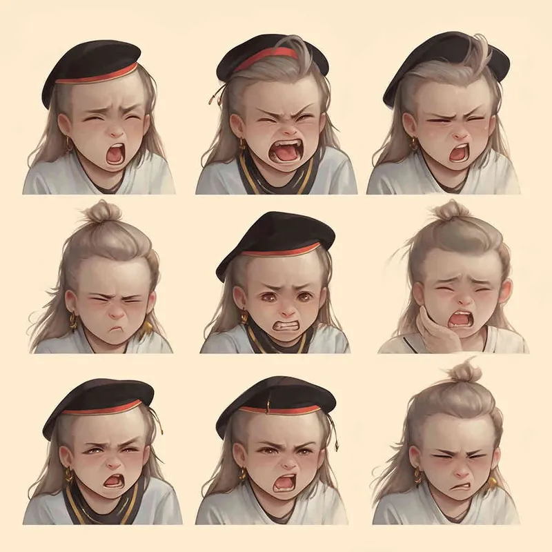 Nine postures and expressions, happy, angry, sad, crying, cute, looking forward, disappointed, surprised, speechless, shy, head close-up, a Q-version ancient costume boy, wearing a light yellow Taoist robe, red headband, long hair half tied, red headband, long hair shawl, figure eight bangs, nine close-up shots of heads of the same size，nine closeups all wearing yellow Taoist clothing， white background, DeI stijil,  vivid illustrations, bold lines and solid colors, simple details, minimalism, line art, sticker art, - s750 niji 5 - style2部分